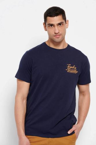 Funky Buddha ανδρικό βαμβακερό T-shirt μονόχρωμο με logo print στο στήθος - FBM007-027-04 Σκούρο Μπλε L